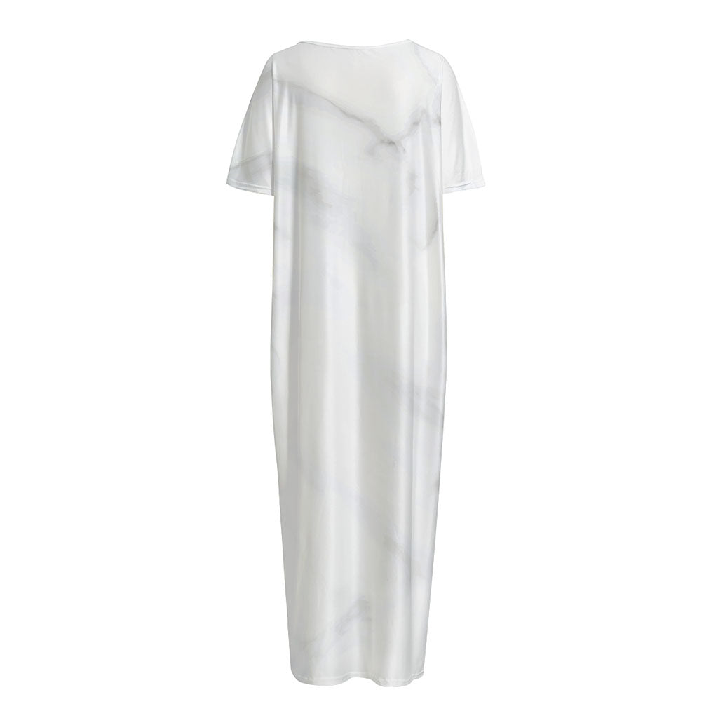 White Marble Print Short Sleeve Long Nightdress