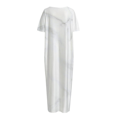 White Marble Print Short Sleeve Long Nightdress
