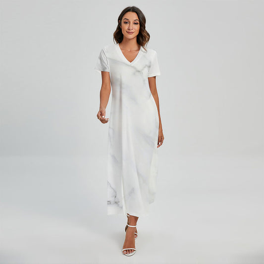 White Marble Print Short Sleeve Maxi Dress