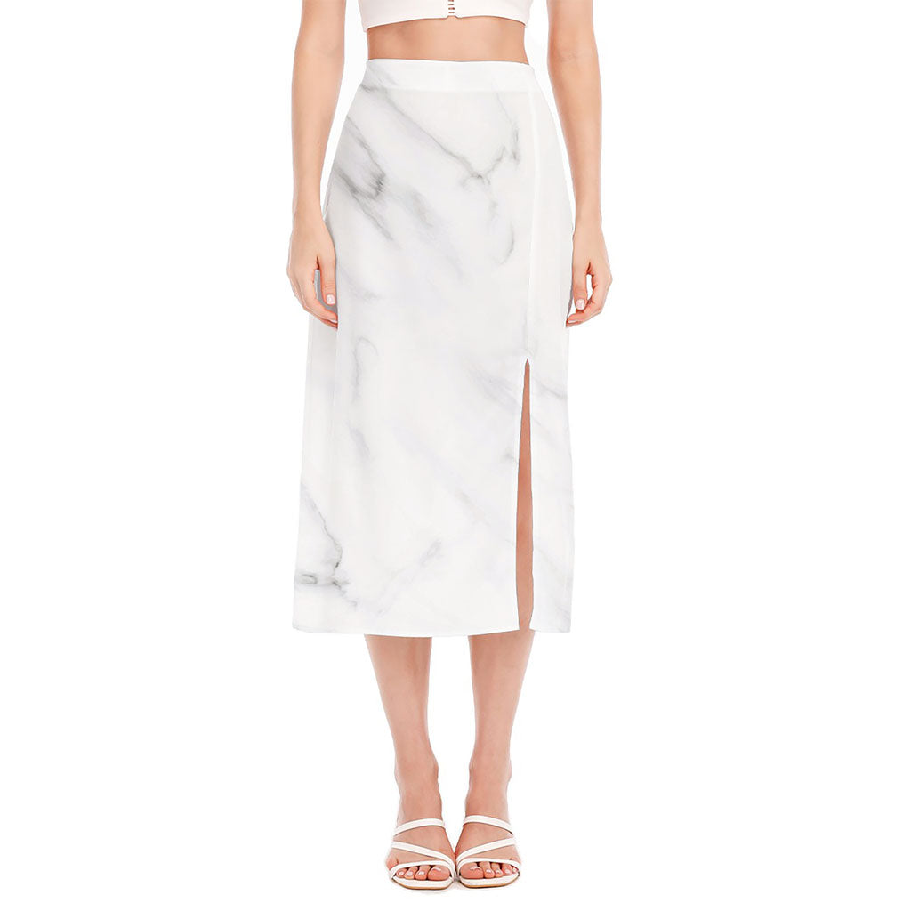 White Marble Print Side Slit Midi Skirt