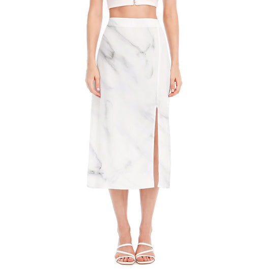 White Marble Print Side Slit Midi Skirt