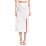 White Marble Print Side Slit Midi Skirt