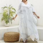 White Marble Print Silk V-Neck Kaftan Dress