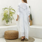 White Marble Print Silk V-Neck Kaftan Dress