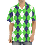 White Navy And Green Argyle Print Aloha Shirt