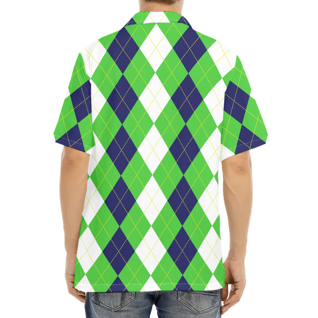 White Navy And Green Argyle Print Aloha Shirt