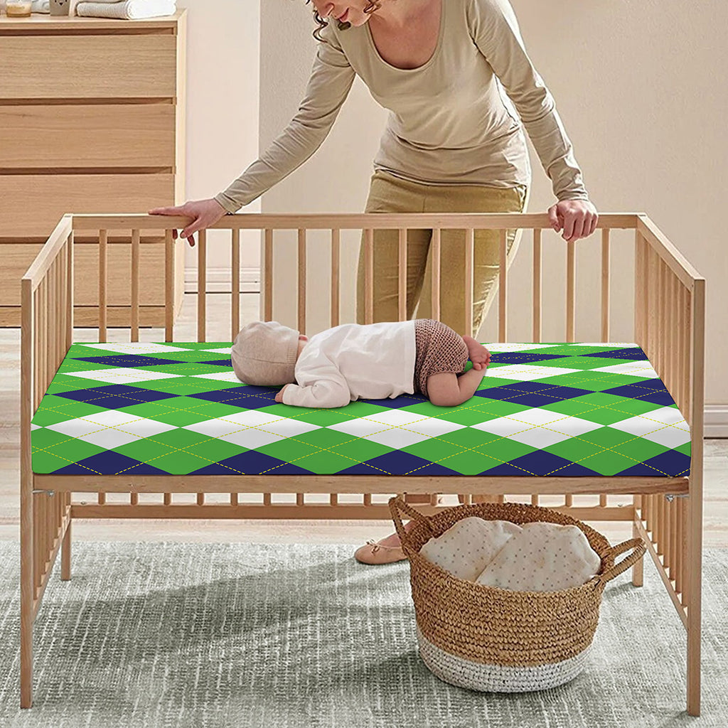 White Navy And Green Argyle Print Baby Crib Sheet