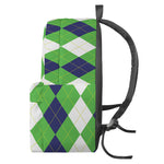 White Navy And Green Argyle Print Backpack