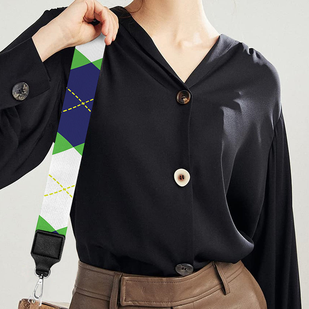 White Navy And Green Argyle Print Bag Strap