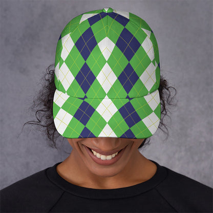 White Navy And Green Argyle Print Baseball Cap