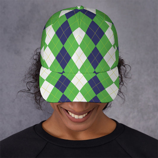 White Navy And Green Argyle Print Baseball Cap
