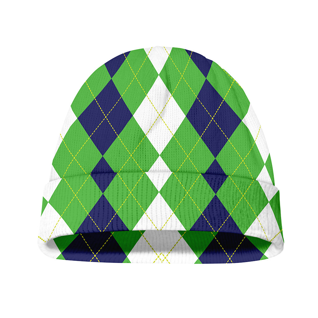 White Navy And Green Argyle Print Beanie