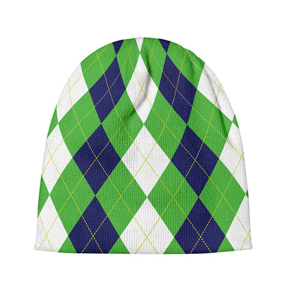 White Navy And Green Argyle Print Beanie
