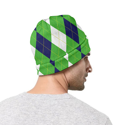White Navy And Green Argyle Print Beanie