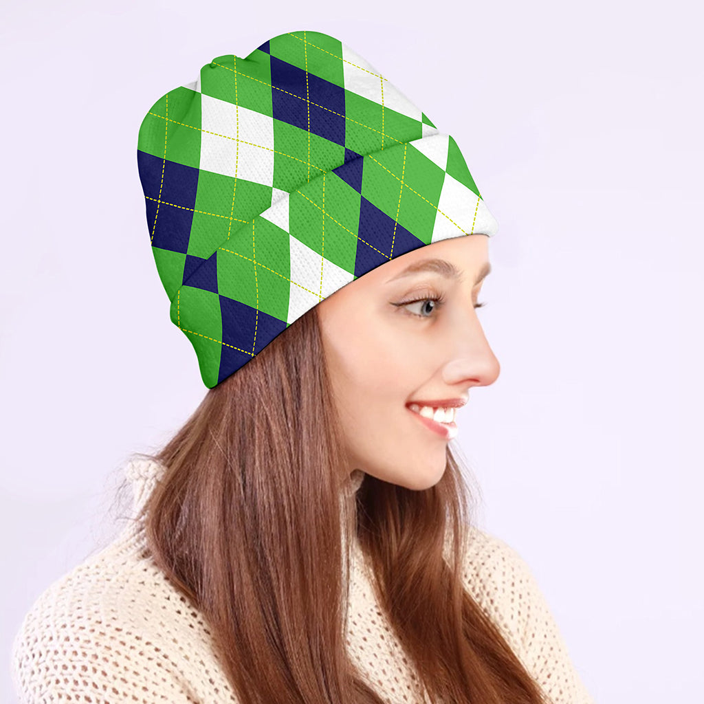 White Navy And Green Argyle Print Beanie