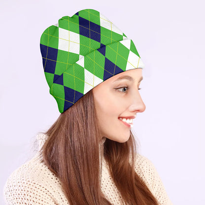 White Navy And Green Argyle Print Beanie