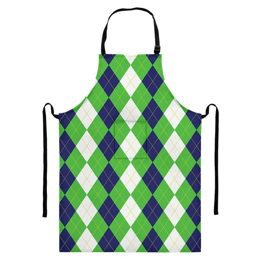 White Navy And Green Argyle Print Bib Apron With Pocket