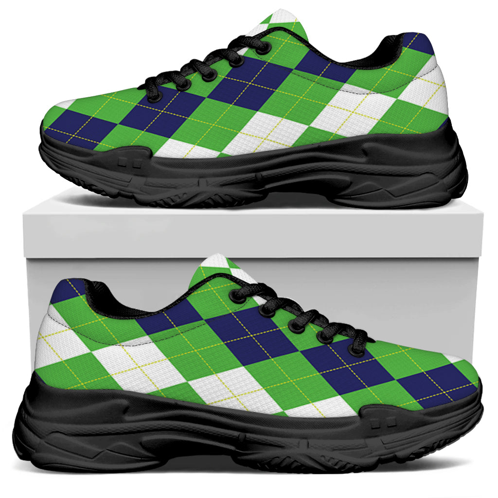 White Navy And Green Argyle Print Black Chunky Shoes