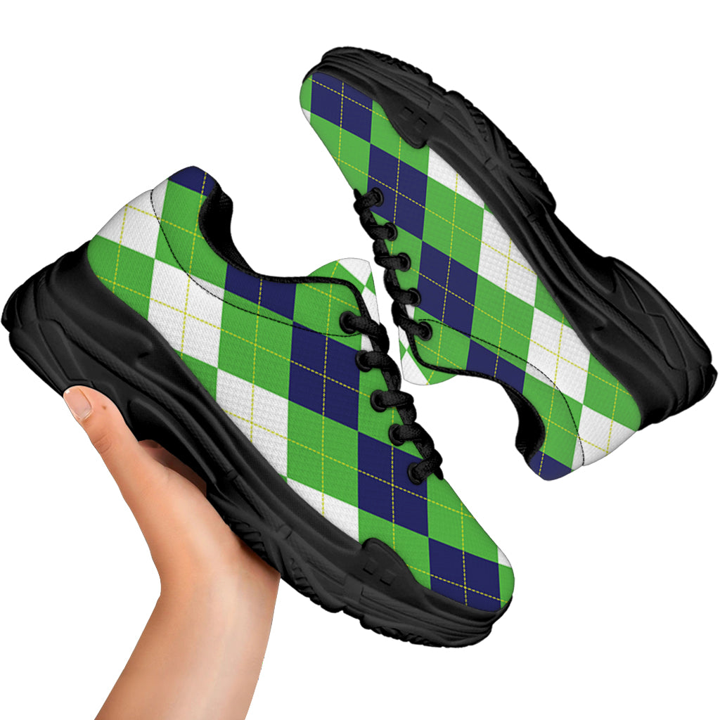White Navy And Green Argyle Print Black Chunky Shoes