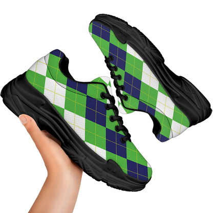 White Navy And Green Argyle Print Black Chunky Shoes
