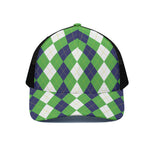 White Navy And Green Argyle Print Black Mesh Trucker Cap