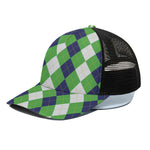 White Navy And Green Argyle Print Black Mesh Trucker Cap