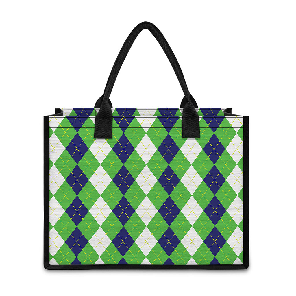 White Navy And Green Argyle Print Canvas Tote Bag