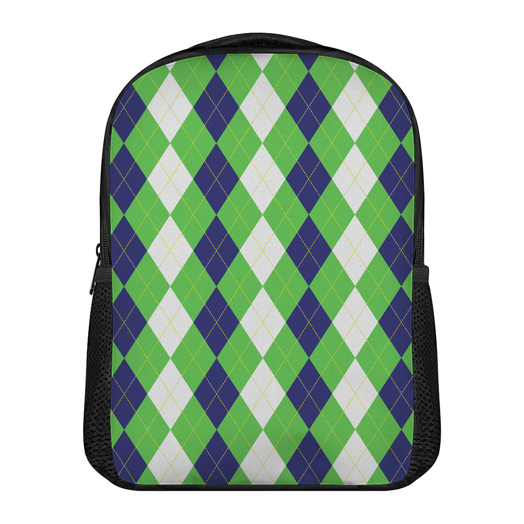 White Navy And Green Argyle Print Casual Backpack