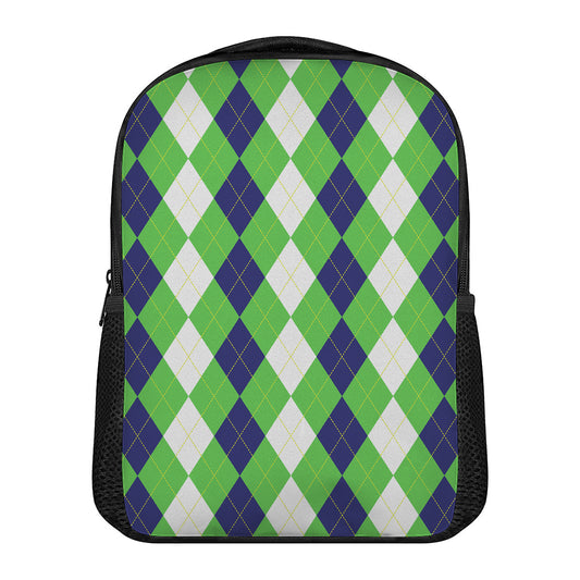 White Navy And Green Argyle Print Casual Backpack