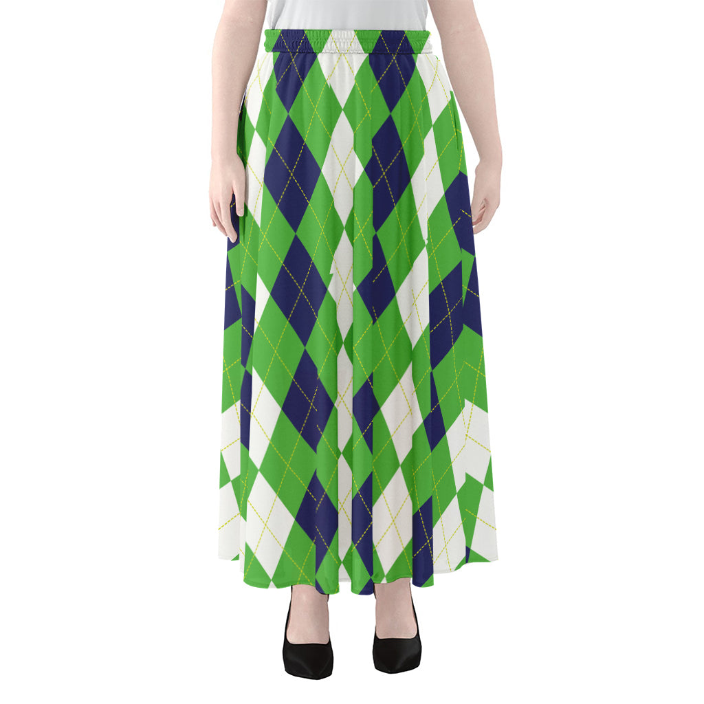 White Navy And Green Argyle Print Chiffon Maxi Skirt