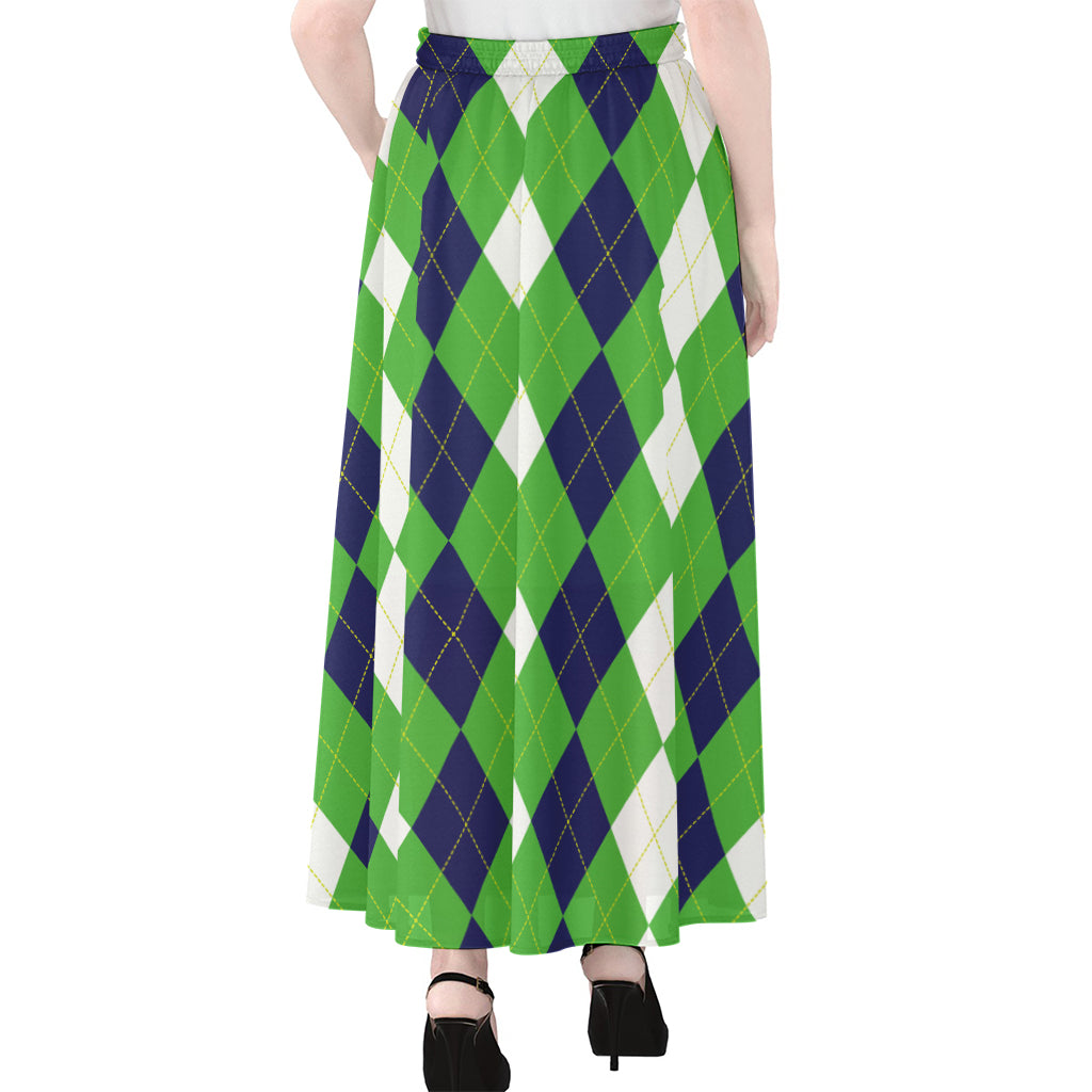 White Navy And Green Argyle Print Chiffon Maxi Skirt