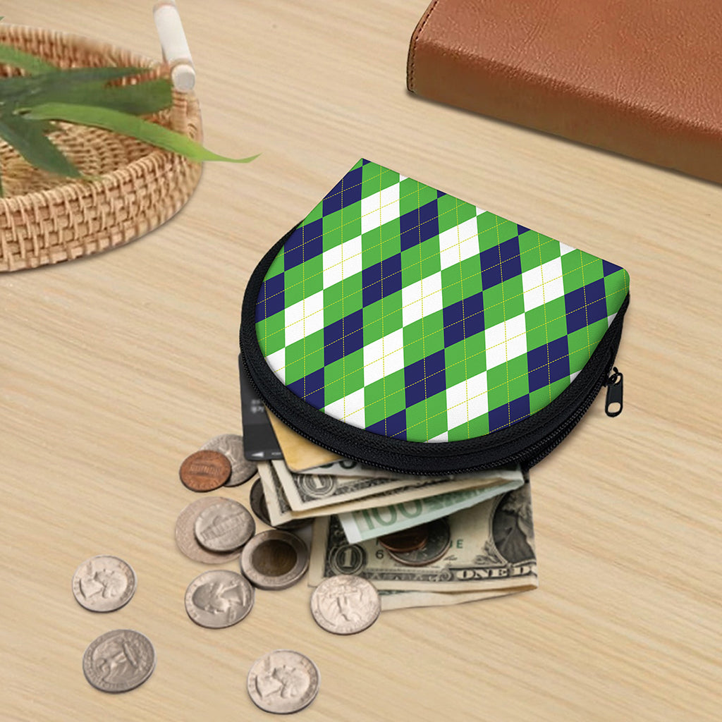 White Navy And Green Argyle Print Coin Purse