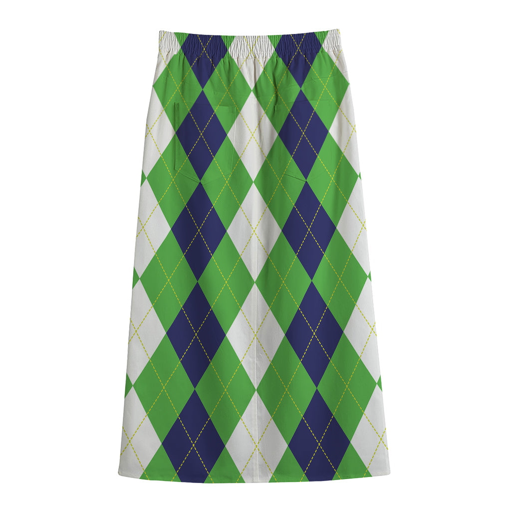 White Navy And Green Argyle Print Cotton Front Slit Maxi Skirt