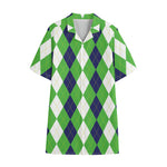 White Navy And Green Argyle Print Cotton Hawaiian Shirt