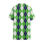 White Navy And Green Argyle Print Cotton Hawaiian Shirt