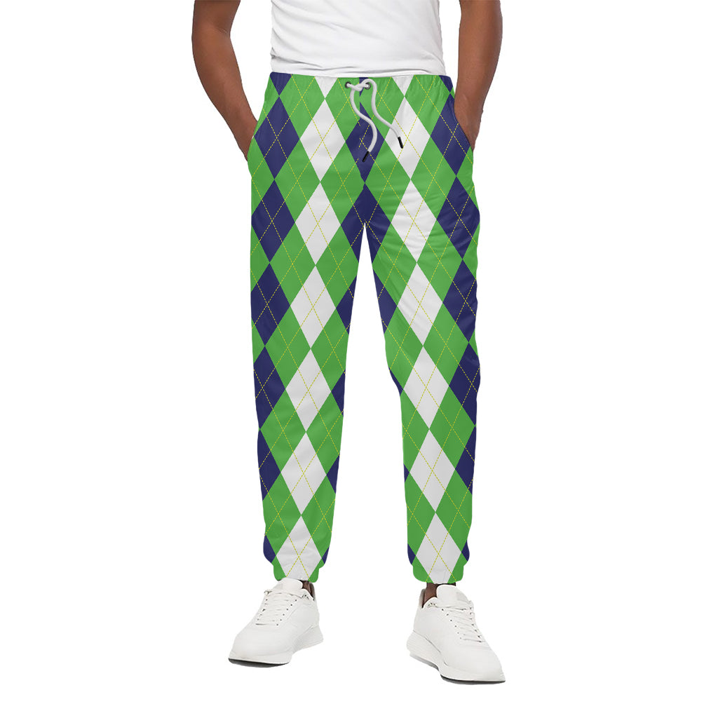 White Navy And Green Argyle Print Cotton Pants