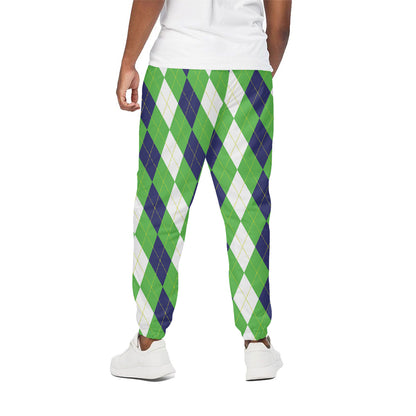 White Navy And Green Argyle Print Cotton Pants
