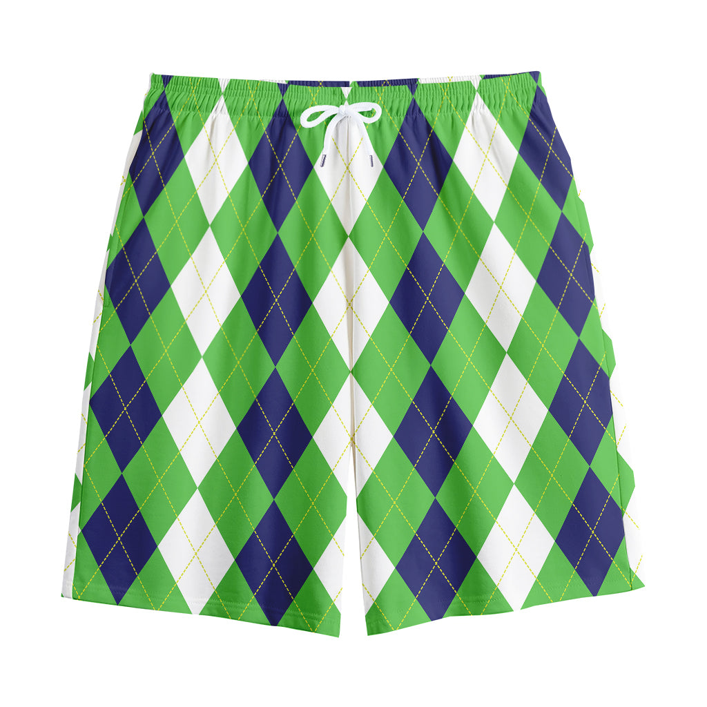 White Navy And Green Argyle Print Cotton Shorts