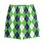 White Navy And Green Argyle Print Cotton Shorts