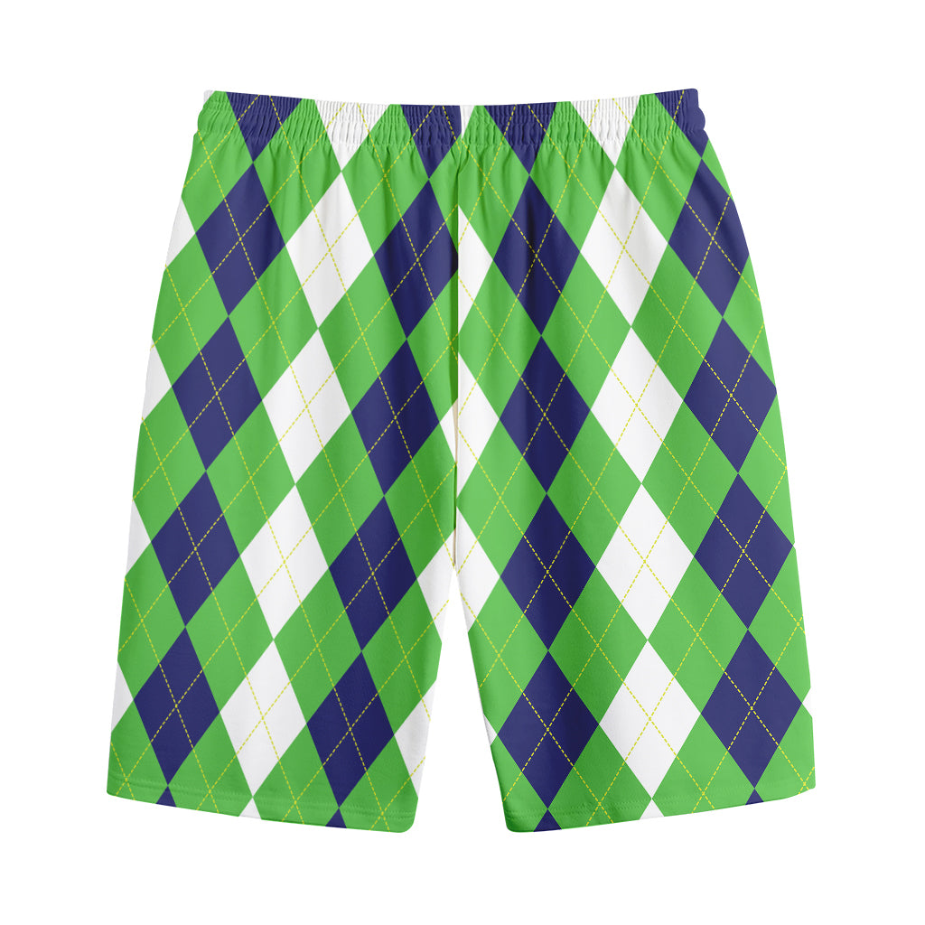 White Navy And Green Argyle Print Cotton Shorts