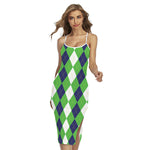 White Navy And Green Argyle Print Cross Back Cami Dress