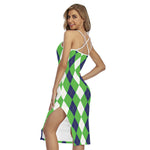 White Navy And Green Argyle Print Cross Back Cami Dress