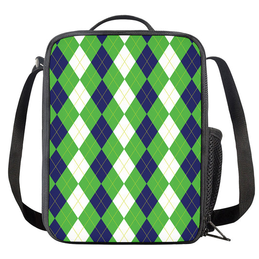 White Navy And Green Argyle Print Crossbody Lunch Bag