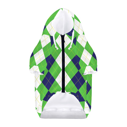 White Navy And Green Argyle Print Dog Zip Up Hoodie