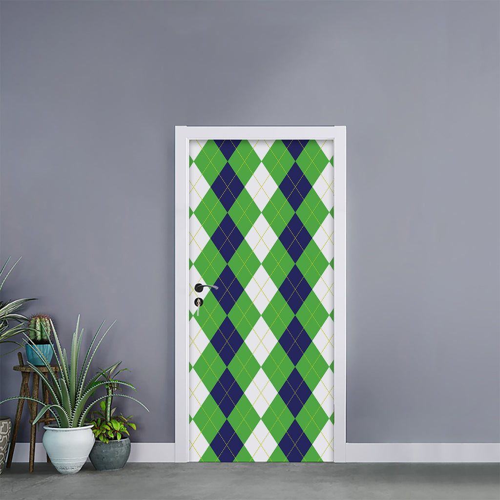 White Navy And Green Argyle Print Door Sticker