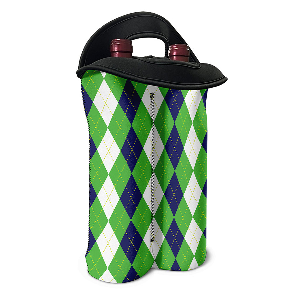 White Navy And Green Argyle Print Double Neoprene Wine Tote