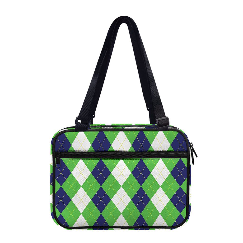 White Navy And Green Argyle Print Double Strap Bible Bag