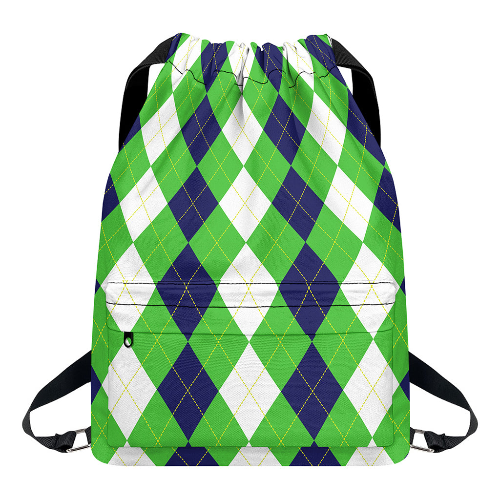 White Navy And Green Argyle Print Drawstring Backpack
