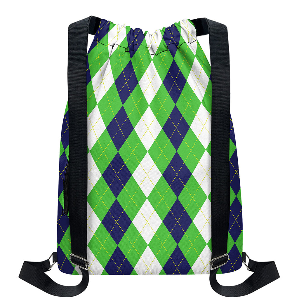 White Navy And Green Argyle Print Drawstring Backpack