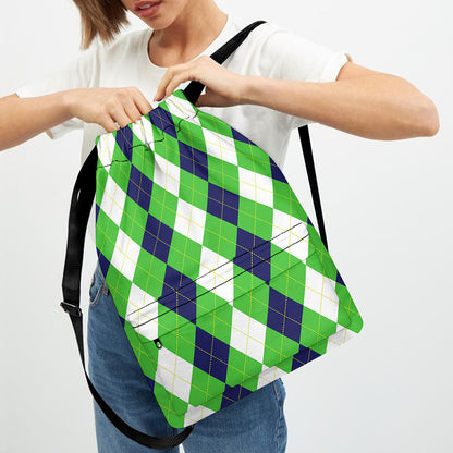 White Navy And Green Argyle Print Drawstring Backpack